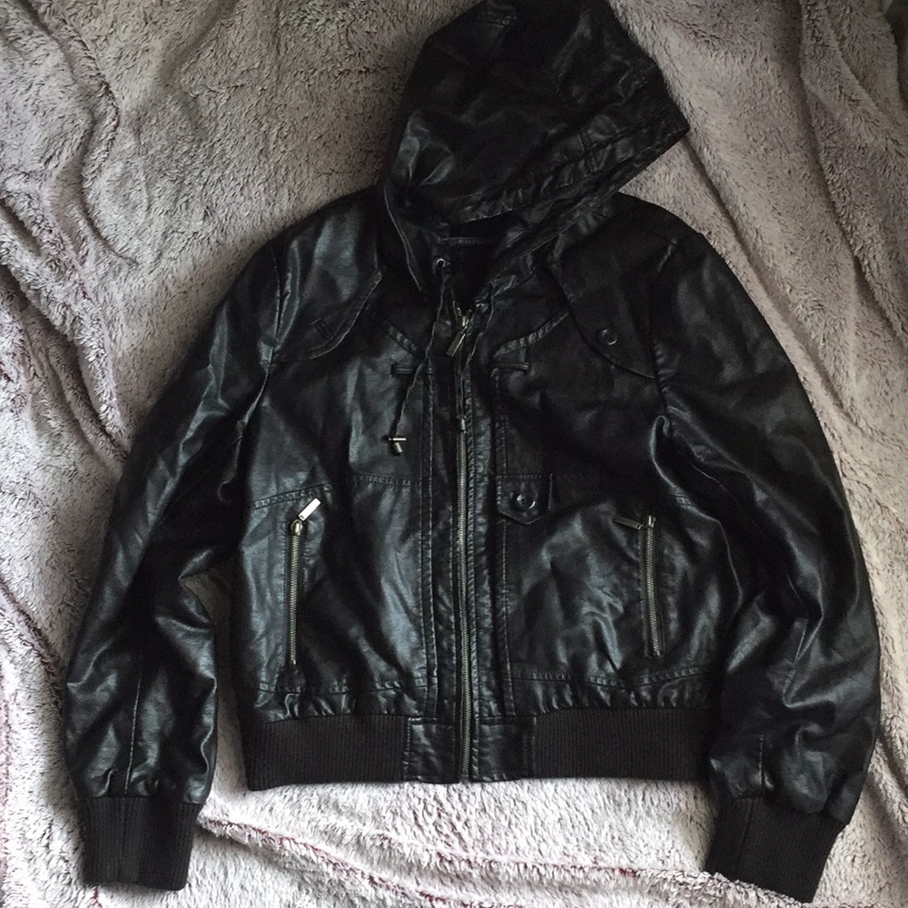 Hooded faux leather bomber jacket dark brown